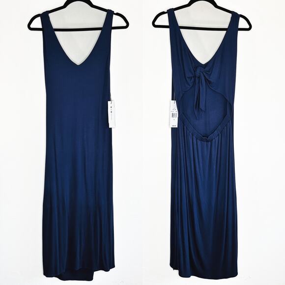 NWT Three Dots Luxe Tie Back Side Slit Night Iris Navy Ci Midi Dress Large - Picture 2 of 16